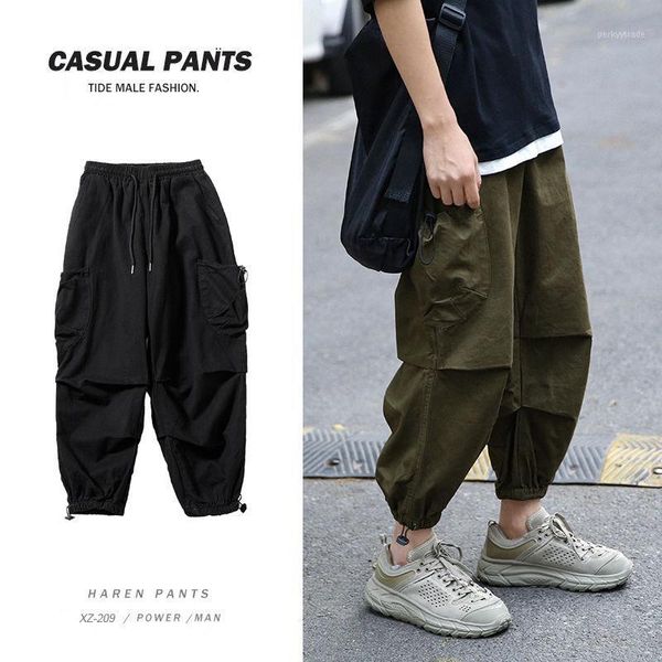 

men's pants cotton drawstring casual men's fashion solid color multi-pocket overalls men streetwear loose hip-hop straight trouser, Black