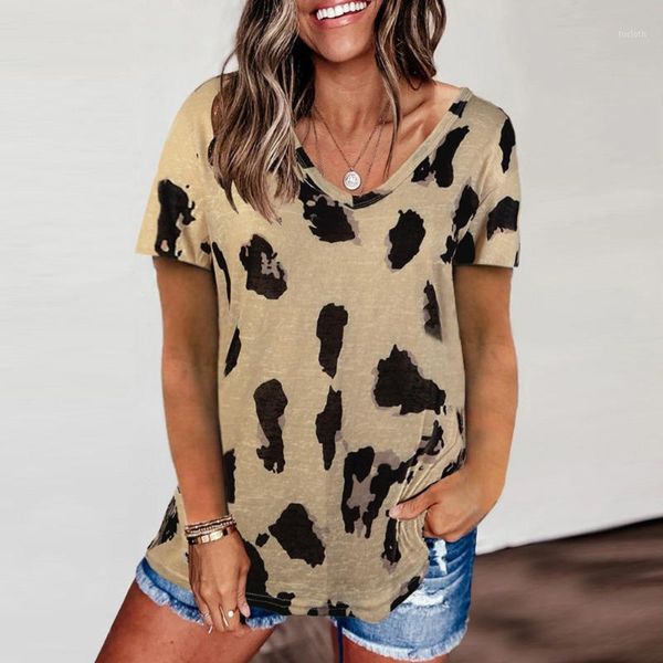 

leopard v neck short sleeve woman tshirts loose women casual soft tee shirts female plus size blusas femininas oversize1, White