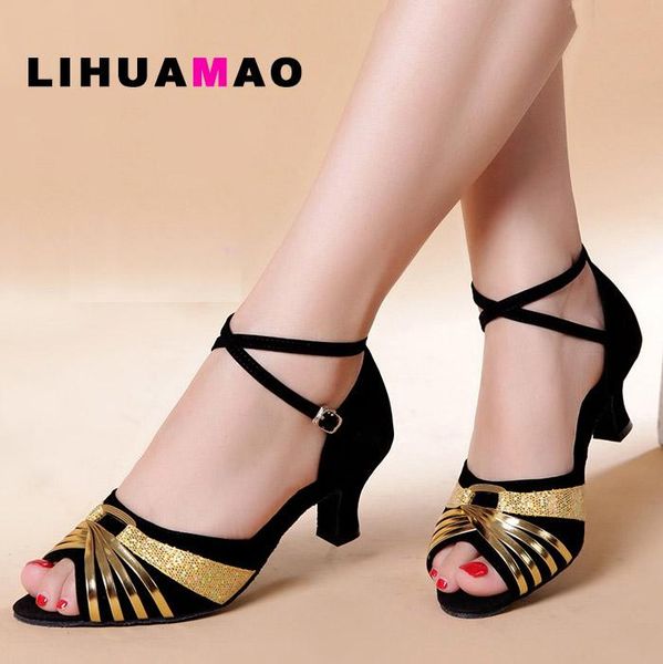 

lihuamao golden women kitten heel sandals peep toe ankle strap for party wedding, latin, jazz, modern dancing shoes, Black