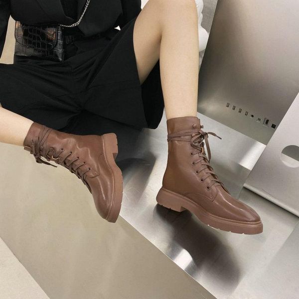 

zawsthia genuine leather celebrity popular womans shoes winter autumn white brown lace-up women's ankle boots big size 33-42, Black