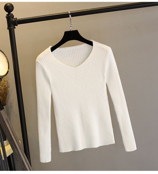 

2021 new thick warm ribbed knitted women autumn winter pullover sweater high elasticity v-neck soft female jumper e4mo, White;black
