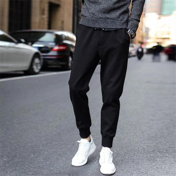 

men's sports pants spring and summer thin korean casual pants youth slim men's elastic trousers, Black