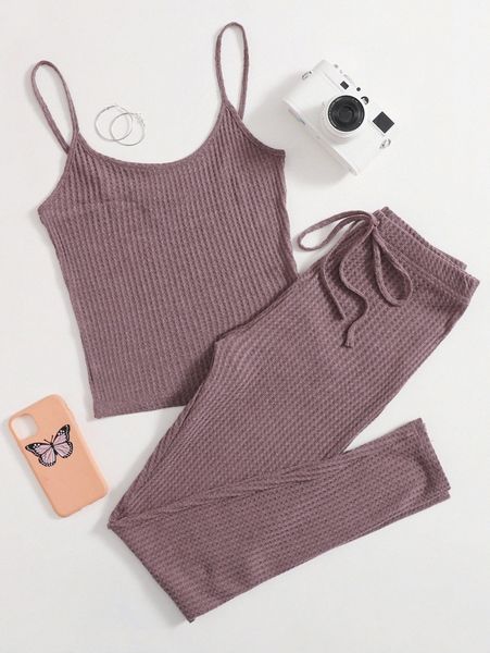 

waffle knit cami & knot waist leggings set s2mg#, White