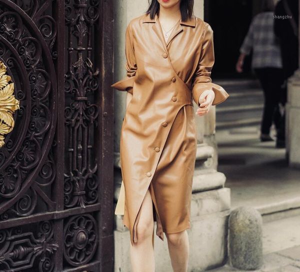 

women's leather jacket new style bow tie wrap long leather jacket dress1, Black