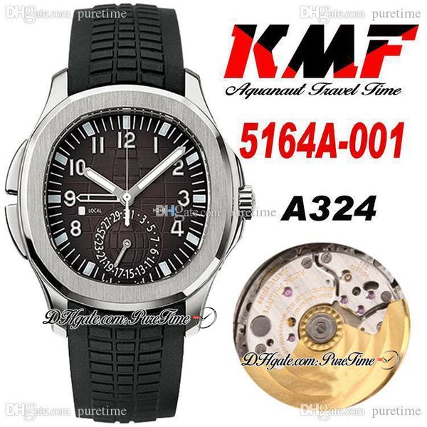 

kmf travel time 5164a gmt pp324cs a3234 automatic mens watch steel case black textured dial stick number markers rubber strap watches super, Slivery;brown