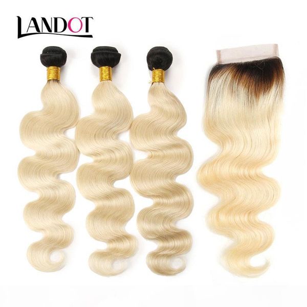 

9a ombre 1b 613# color blonde lace closures with 3 bundles brazilian virgin human hair weave body wave peruvian malaysian indian extensions, Black