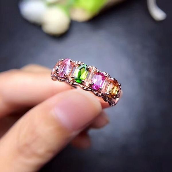 

[meibapj natural tourmaline gemstone fashion colorful stone simple ring for women real 925 sterling silver charm fine jewelry, Golden;silver