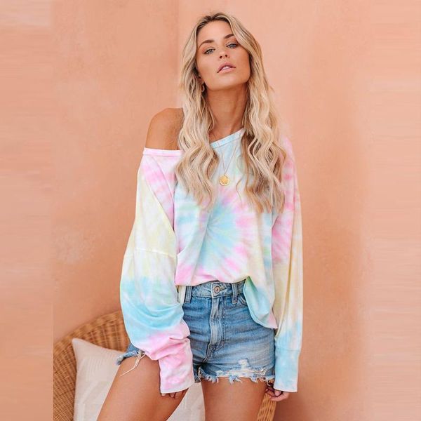 

women's blouses & shirts 2021 autumn blouse women tie-dye print long sleeve casual loose oversize pullovers female, White