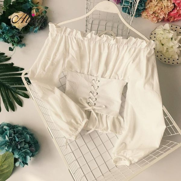 

women's t-shirt slash neck loose tee shirts women long sleeve fashion bandage waistline solid 2021 spring cropped feminino, White