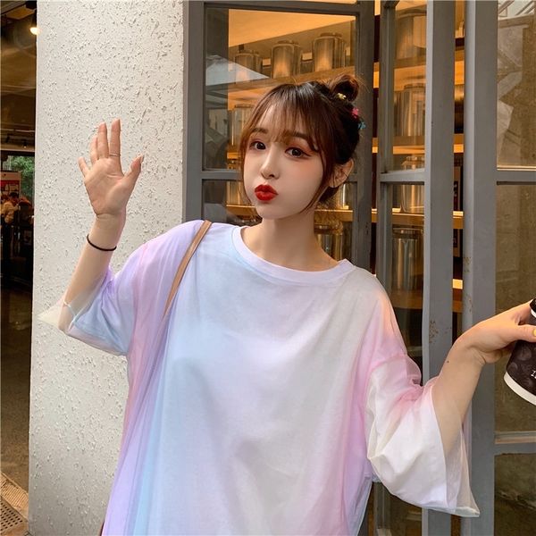 

dirgj 6535 cotton loose gradient mid-length mesh short-sleeved t-shirt 2020 student korean style personalized t-shirt women's women&#03, White