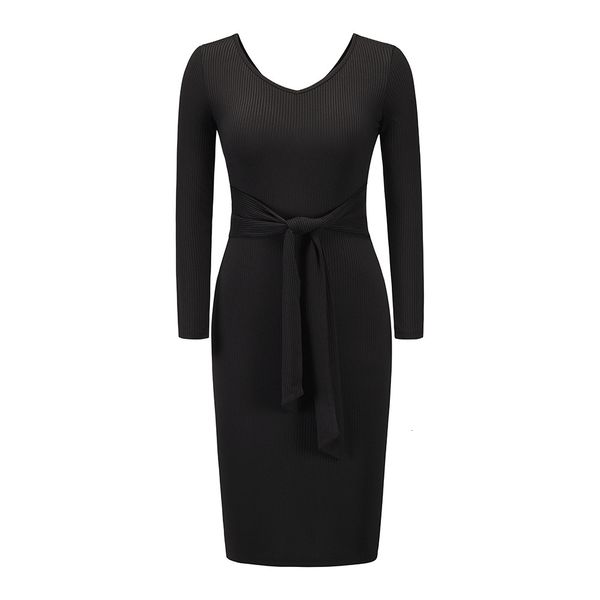 

open 2021 sleeve knitted back female v-neck bandage thin new dress r0d1, Black;gray