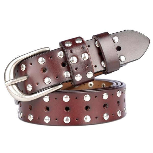 

hollow vintage luxury designer punk belts men male genuine real leather women waist rivet strap for jeans 201106, Black;brown