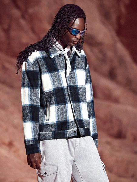 

men plaid drop shoulder overcoat 175u#, Black;brown