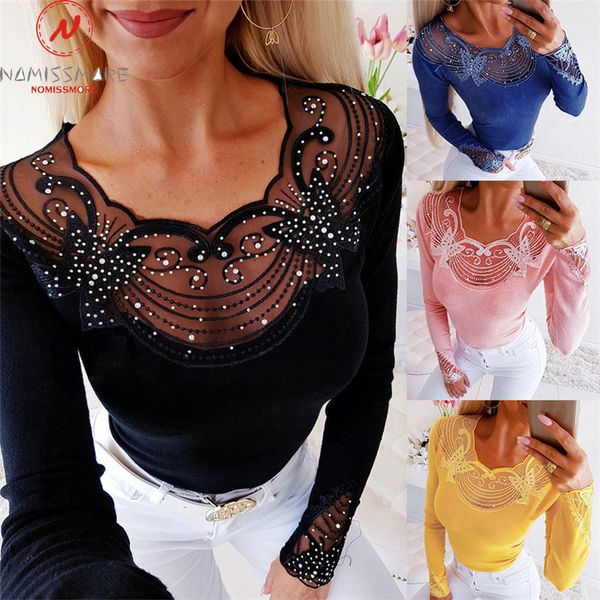 

women long sleeve t-shirts patchwork design lace diamond decor see through o-neck solid elegant lady autumn slim shirts, White