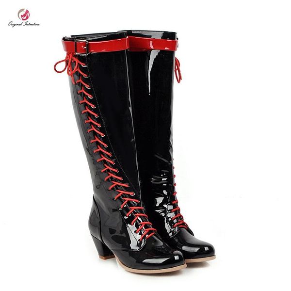 

boots original intention fashion red sloping cross-tied knight mid-calf woman patent leather black shoes large size