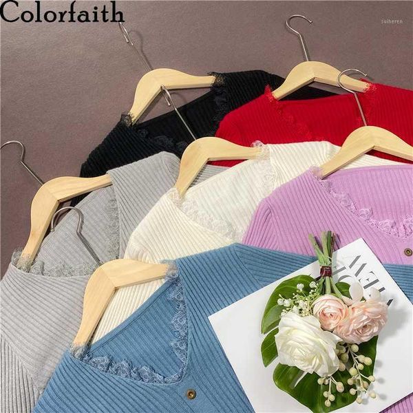 

colorfaith new 2020 women's autumn winter lace v-neck casual bottoming knitwear warm pullover minimalist elegant jumpers sw10551, White;black