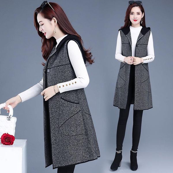 

2021 new female spring woolen collar with hood leeveless waistcoat vest plus size 5xl y209 36k6, Black;white