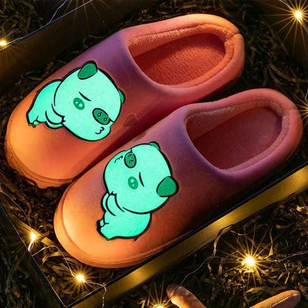 

women couple slippers fluorescence night warm winter slipper woman cute pig non slip comfort ladies fashion casual shoes female y201026, Black