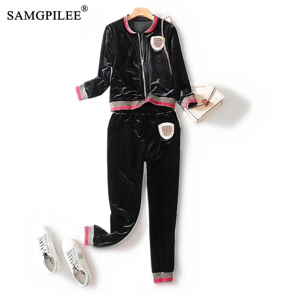 

two piece set women light luxury gold velvet zipper cardigan foreign casual diamonds elastic waist 2 sets womens outfits c1103, Gray