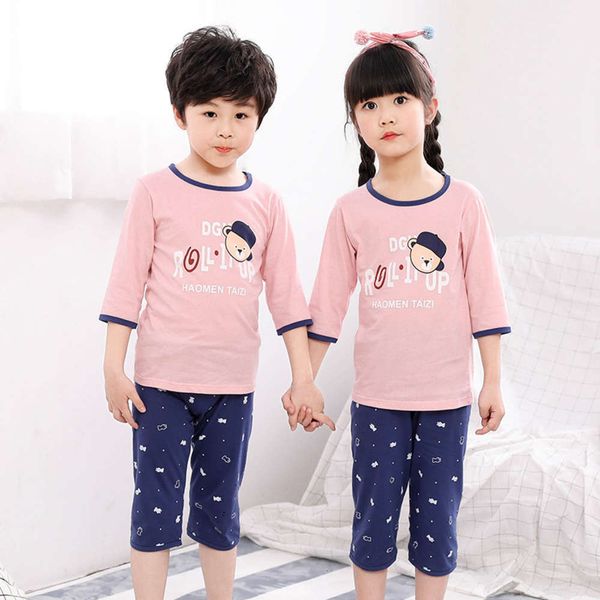 

zhong da xia tong ju family pure cotton 5-sve shorts 2-piece pajamas children comfortable air conditioning suit, Blue;red