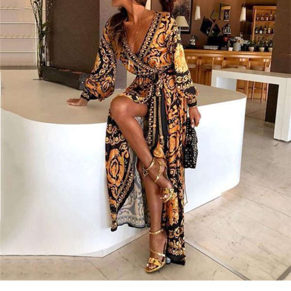 

sleeve printed dress v-neck cover long hem skirt, Black;gray