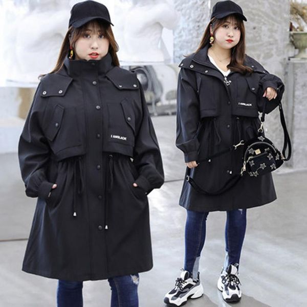 

large size women's black thench coat 2020 spring autumn new mid-long tooling ladies windbreaker was thin overcoat l481, Tan;black