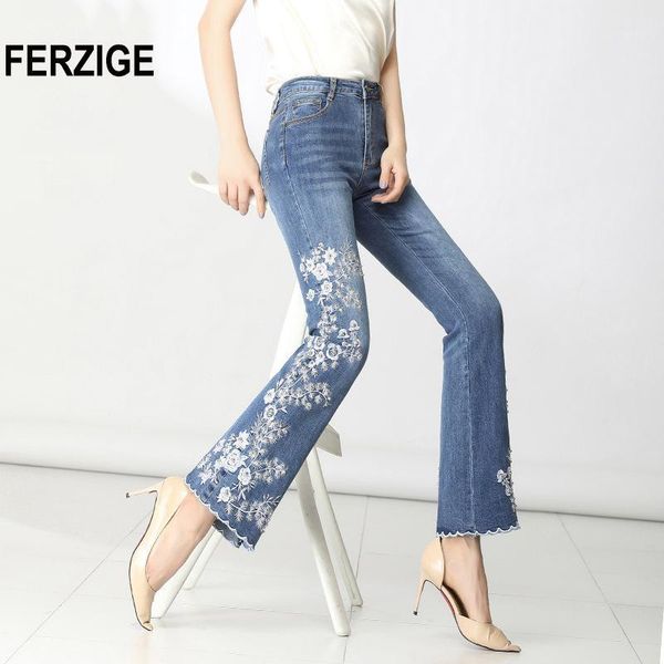 

women's jeans ferzige women high waist embroidered floral beads desinger bell bottom stretch flared pants women's clothes big size, Blue