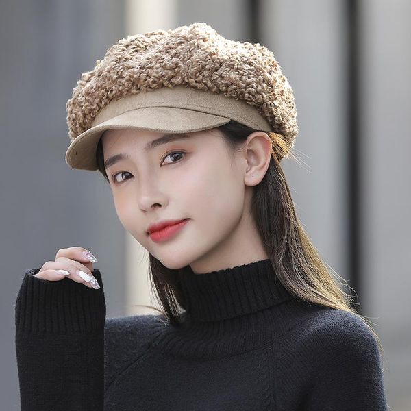 

berets autumn and winter simple women's fluffy cap painter's hat korean octagon fashion warm beret, Blue;gray