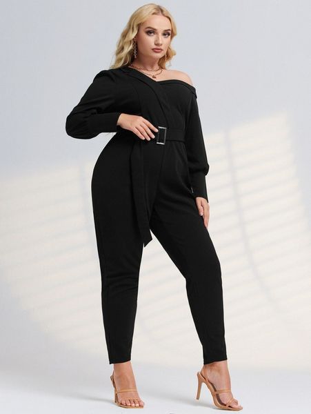 

plus asymmetrical neck bishop sleeve buckled belted jumpsuit g3mi#, Black