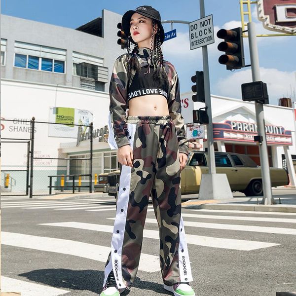 

stage wear girls jazz dance costumes children's hip-hop street clothes camouflage long-sleeved suits hiphop rave dn6757, Black;red