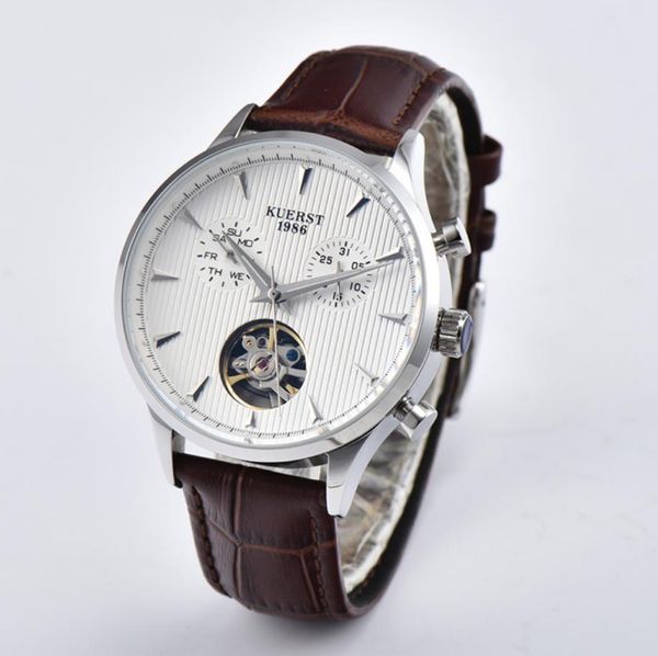 Neue Herrenuhr Automatikuhren Schwarzes Skelettzifferblatt Braunes Lederband Armbanduhr 41 mm von einer Uhr für Herrenuhren