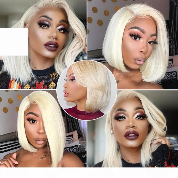 

full lace human hair wigs 150density color #60 white blonde short bob human hair wigs straight lace wig with baby hair, Black;brown