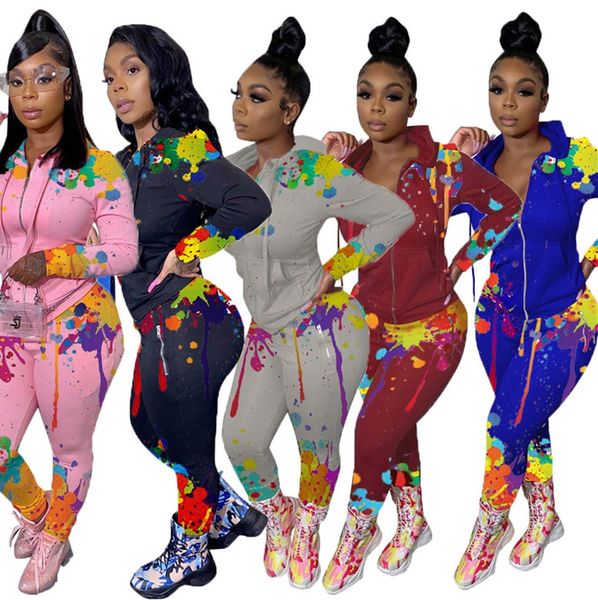 

tie-dye colorful splash ink print women designers clothes hooded long sleeve zipper jacket pants leggings sports suit outfits sale d102804, White