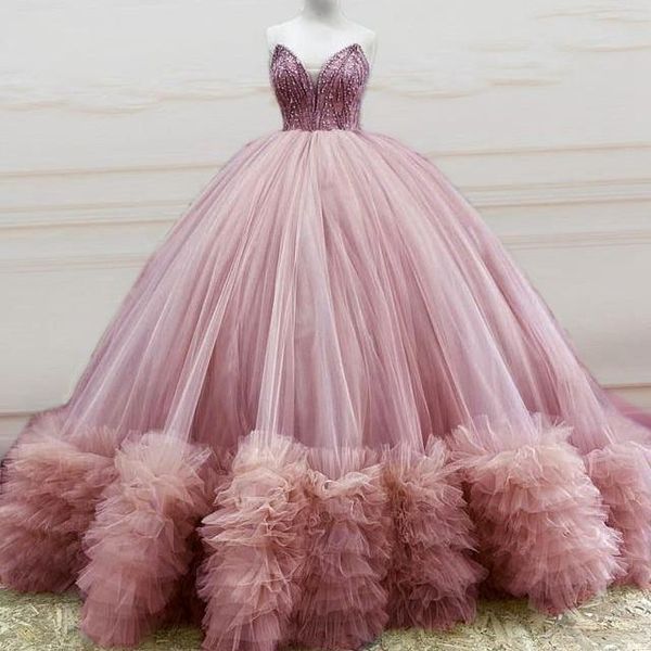 

stunning beaded strapless tulle ball gown ruffles pink bridal dresses robes de mariée lace up back princess wedding gowns bride dress, White