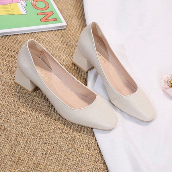 

2020 women spring square high heels shoe woman classic slip on casual ladies elegant square toe soft pu fashion female pump new #mb0s, Black