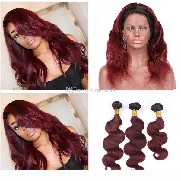 

body wave 1b 99j hair weaves with 360 lace frontal dark root pre plucked 1b 99j hair 360 frontal with hair weft, Black;brown