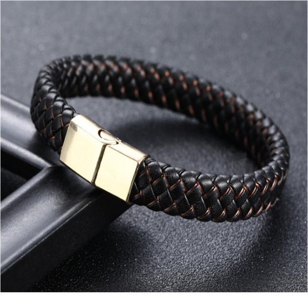 

new men jewelry punk black blue braided leather bracelet for men stainless steel magnetic clasp fashion bangl wmteub, Golden;silver