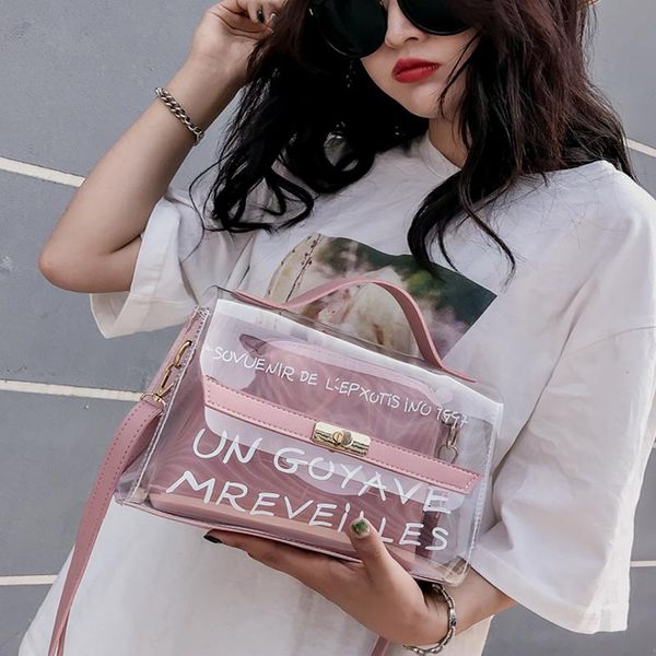 

2020 women shoulder bag fashion letter printedcandy color women messenger bag transparent pu luxury females shoulder