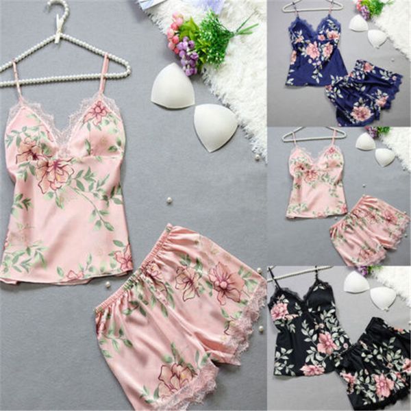 

day in 2019 women lace silk satin pajamas set design flower print v-neck strap pajamas set underwear set, White;black