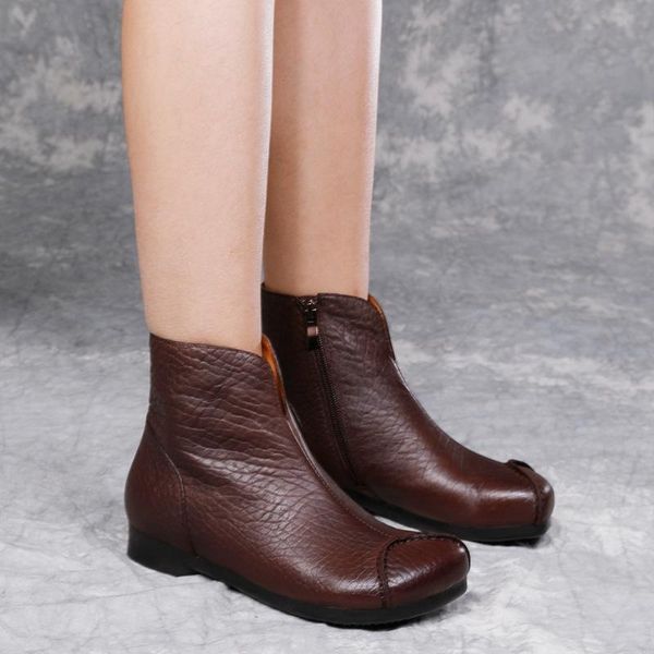 

boots 2021winter fleece flat ankle women's genuine leather retro mom shoes round toe comfortable, Black