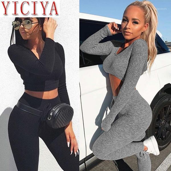 

spring 2 piece outfits for women 2020 women's clothing v neck knitted tracksuit two piece set long sleeves crop pants1, White