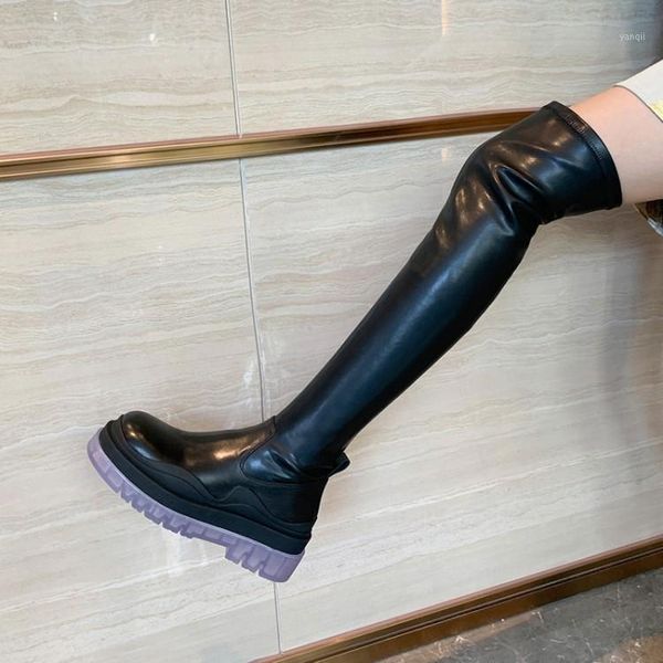 

boots black leather women long round toe elastic pu over knee winter botines femmes purple platform thick heels motorcycle botas1