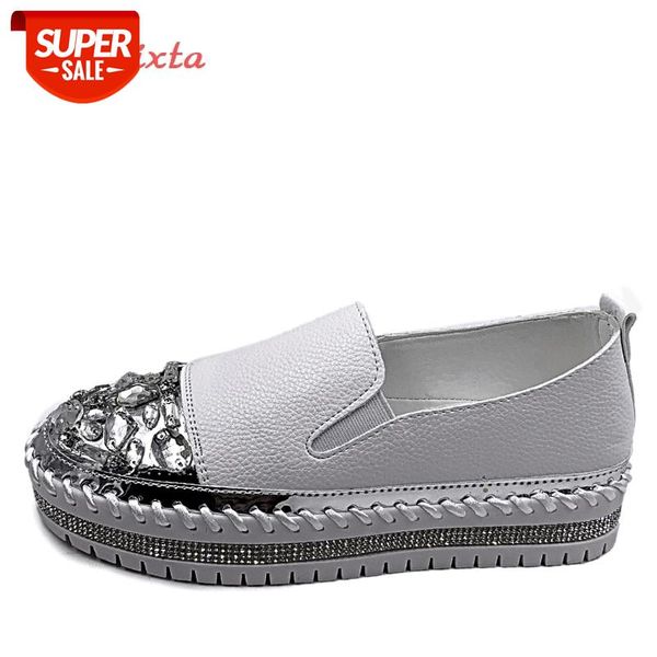 

aphixta rhineston round toe leather flats shoes women white bling loafers couple platform shoes woman chunky sole size 43 #p07j