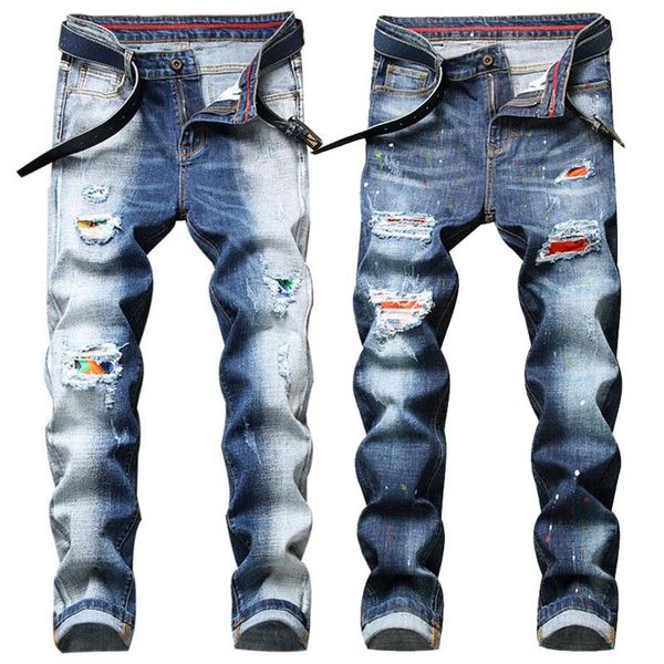 

new fashion men skinny jeans stretchy pant ripped jeans slim fit pant long denim men, Blue