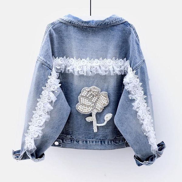

diamond flowe flower цветок джинсовая короткая куртка женская 2020 осень новый корейский свободные кружева лоскутная женская промакция мода, Black;brown