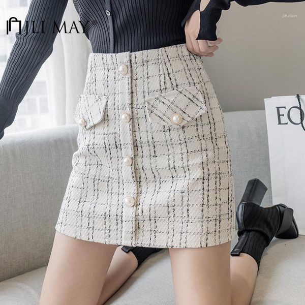 

jli may women plaid skirts vintage autumn winter single breasted patchwork pockets high waist a-line mini skirt1, Black