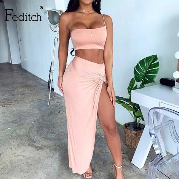 

feditch summer two piece set women 2020 one shoulder long party crop and backless side split wrap bodycon 2 piece set1, White