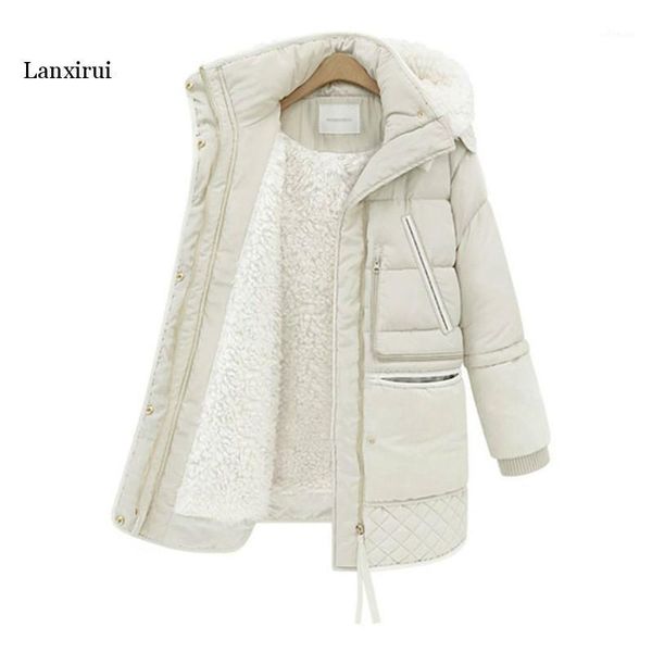 

lanxirui winter women's wool jackets plus size cotton padded long coat slim hooded parkas female warm jacket outwear clothing1, Black