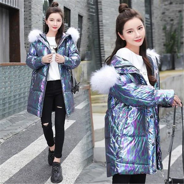

2020 new women shiny hooded down padded jacket winter waterproof slim fit quilted jacket big fur collar warm outerwear as1521, Black