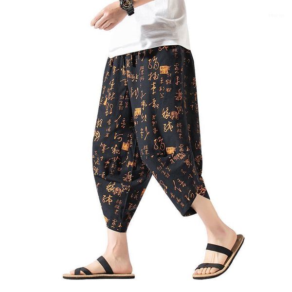 

streetwear harem pants men chinese style printing casual mens joggers calf-length wide-leg men trousers1, Black